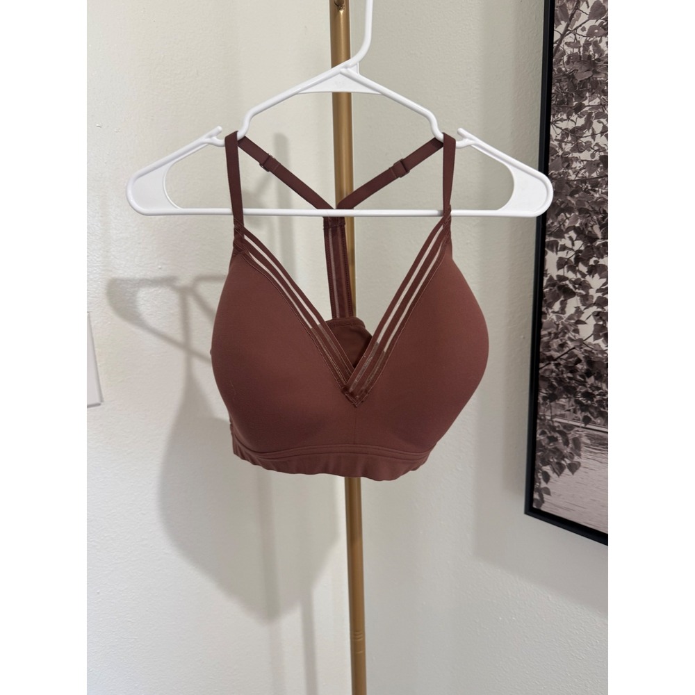Athleta Womens Strappy V-Neck Mesh Trim Sports Bra Mahogany Brown Size L